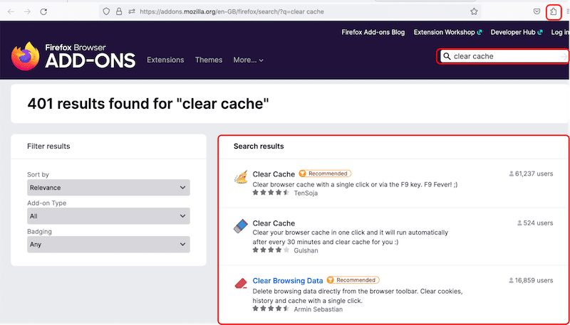 Clear Cache add-ons - Source: Firefox