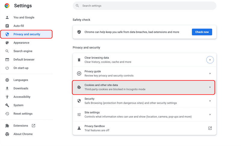 Clearing third-party cookies on Google Chrome - Step 1 - Source: Chrome Settings